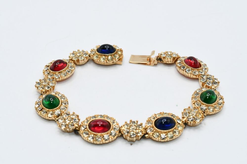 Vintage Ciner Rhinestone Bracelet Red Blue Green Cabochons 7 Inch